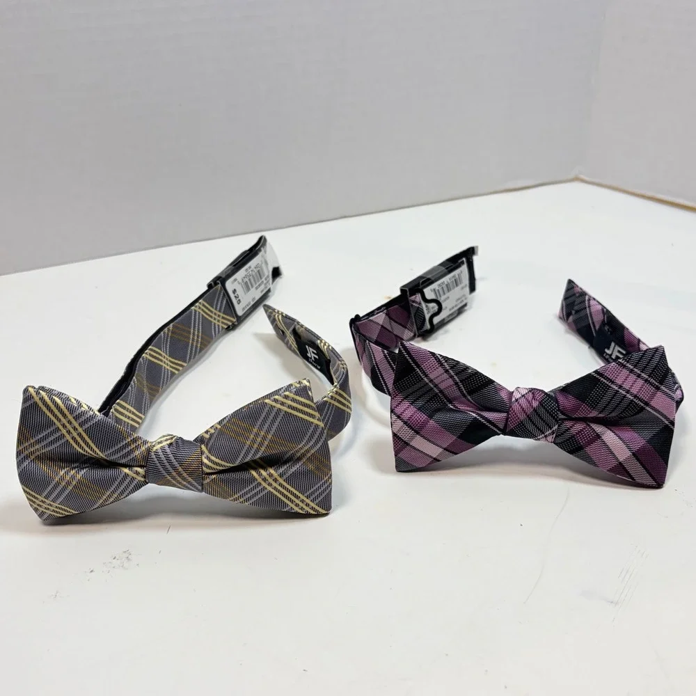 J.Ferrar Bow Tie Set OS Multi Plaid Pre-Tied Adjustable‎ Purple Grey 2pk NEW